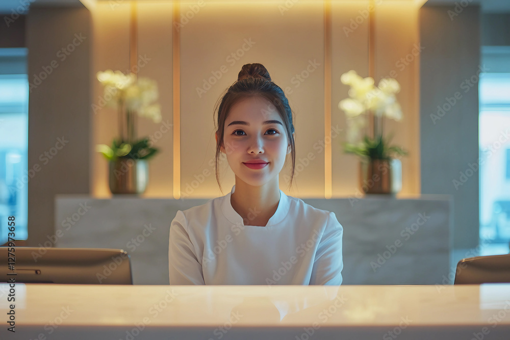Poster happy receptionists cooperating while working on computer at hotel front desk, generative ai image