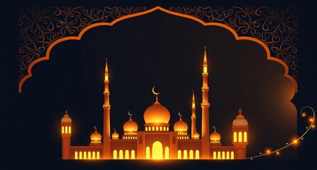 Ramadan Mosque Lantern. Elegant gold mosque silhouette for Ramadan, Eid banners, greeting cards. Mystical, serene design with copy space.