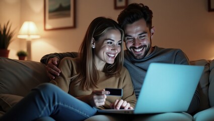 Happy Couple Shopping Online Together at Home