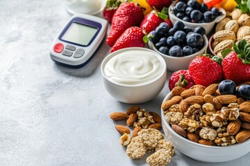 Healthy diabetic-friendly snack selection kitchen table food arrangement cozy home environment close-up view concept of diabetes management