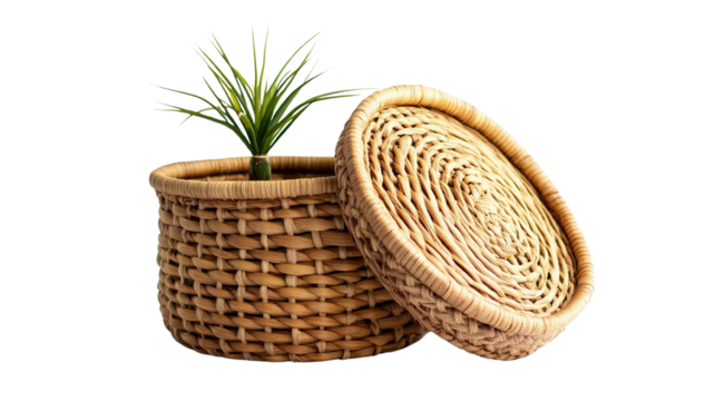 "A chic woven basket-style storage box made from natural rattan, featuring a round shape and lid, isolated on a transparent background. The box is decorated with a simple decorative 