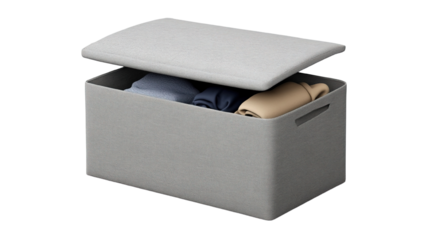 Prompt: "A sleek and functional fabric storage box with a soft grey color and foldable design, perfect for organizing various household items, isolated on a transparent background. The box is placed 