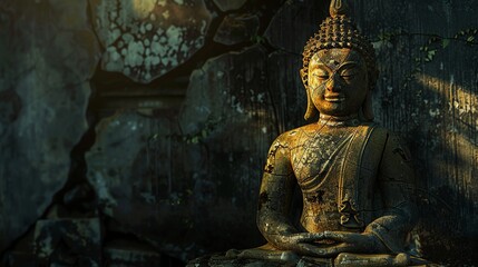 An old, weathered Buddha statue sits in front of a cracked stone wall.