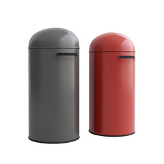 Obraz premium Modern Recycling Bins: A sleek, contemporary composition featuring two cylindrical recycling bins, one in a striking red hue, the other in a sophisticated gray.