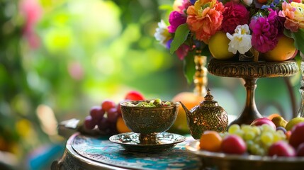 Fototapeta premium Vibrant Haft-Seen table with spring flowers, gold ornaments, and fresh fruits, celebrating Nowruz traditions and renewal.