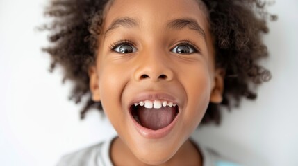 "A young child smiling at the camera."