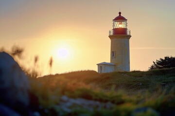 A lonely lighthouse stands tall on a hill overlooking the ocean as the sun sets in the background, casting a warm glow