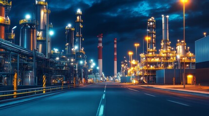 Nighttime industrial scene showcasing illuminated refinery structures along a deserted road