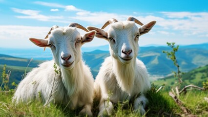 Obraz premium Two white goats resting on a grassy hill with a mountain summer landscape view