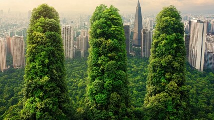 Fototapeta premium Lush Green Vegetation Covers Tall Buildings in an Overgrown Futuristic Cityscape at Daytime