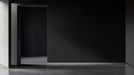 Minimalist interior design showcasing a black room with an open doorway and smooth floor