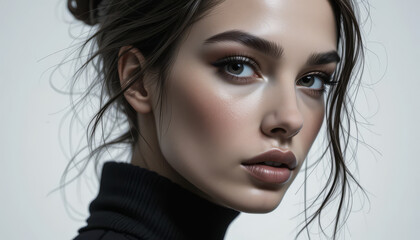 A woman in a black turtleneck with wavy hair and a serious expression against a neutral background