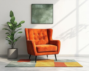 Orange armchair in modern living room with green plant