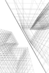 Modern Architectural Wireframe: Abstract Geometric Skyscrapers and Urban Perspective