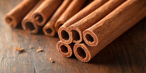 Pile of cinnamon sticks placed on a wooden table, perfect for baking or cooking
