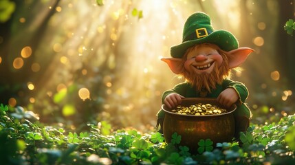 Illustration of leprechaun sitting on a large pot of gold, surrounded by lush green clovers. St. Patrick's Day celebration concept, 17th March, copy space