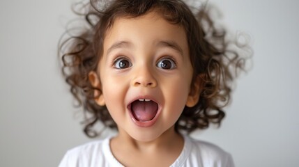 A happy young child with a wide smile, appearing joyful and excited.