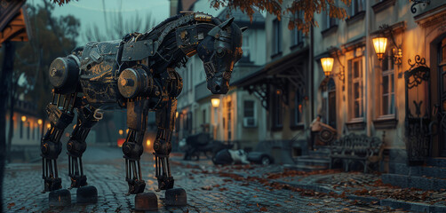 A steampunk horse with a metallic robot body stands on a cobblestone street at dusk, flanked by vintage buildings and glowing lanterns. Autumn leaves decorate the ground