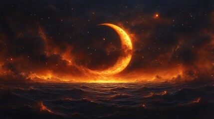 Obraz premium Fiery Crescent Moon Over Burning Sea And Stars
