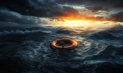 Obraz premium Lifesaver floating on turbulent ocean under a dramatic sunset sky.