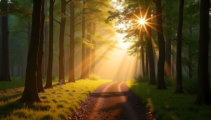 Obraz premium Sun rays shining through a forest path