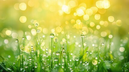 Obraz premium Dew-covered grass sunrise, bokeh background; nature scene