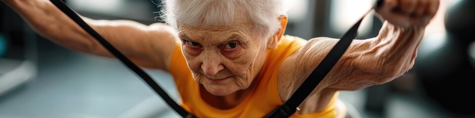 A senior person exercising with resistance rope at home or in a gym