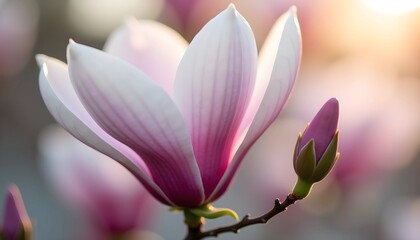 Fototapeta premium Pink and white magnolia flower in spring sunlight