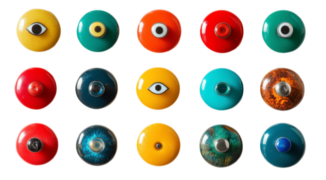 Eye-Catching Knobs: A colorful collection of decorative knobs, each adorned with a unique eye design, arranged in a visually striking pattern, inviting curiosity and adding a touch of artistic flair.