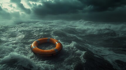 Obraz premium Stormy ocean scene with a life preserver adrift at sea.