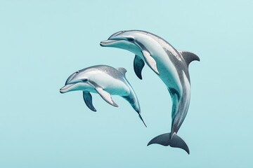 Obraz premium Two dolphins leaping high into the air, with sunlight reflecting off their bodies