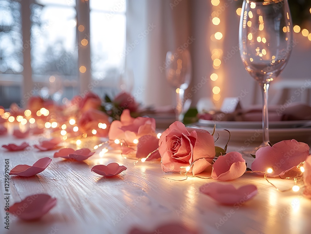 Poster romantic table setting with glowing heart shaped string lights and scattered rose petals for a festi
