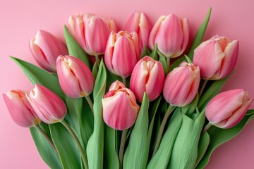 Obraz premium A beautiful bouquet of pink tulips against a pink background, perfect for romantic or floral-themed projects