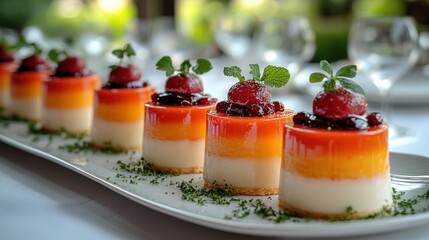 Colorful layered desserts on a platter, party