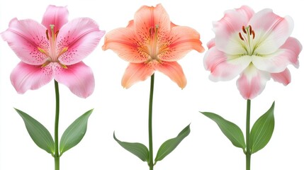 Fototapeta premium Three Lilies in Pink Orange and White with Green Stems on a White Background