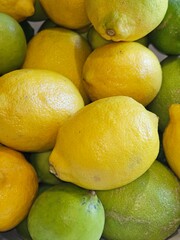 Freshly picked yellow and green lemons from a tree, creating a vibrant and natural background. Perfect for organic, food, and citrus-themed visuals