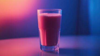 A vibrant pink beverage in a glass, illuminated by colorful lights, creating a lively atmosphere