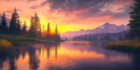 Serene mountain lake reflects a vibrant sunset illuminating the tranquil landscape.