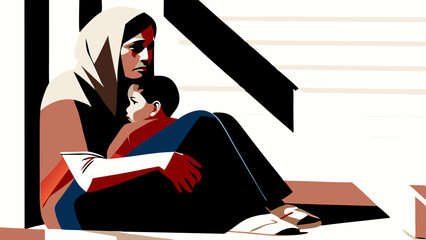 South Asian mother in headscarf holds child on steps. Bold colors show contemplative mood. Concept: family services, cultural programs, maternal health