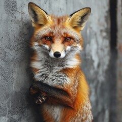 Obraz premium Close-up shot of a red fox standing against a wall, looking alert and curious