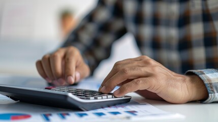 Fototapeta premium Man typing at desk with calculator.