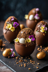 Obraz premium chocolate egg desserts with edible flowers and textured toppings