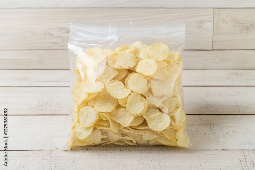 Poster a bag of crispy potato chips on a rustic wooden table, great for snacking or adding to a themed sett