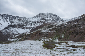 Unusual mountain landscape with small shallow alpine lake in grassy snow-covered valley under big...