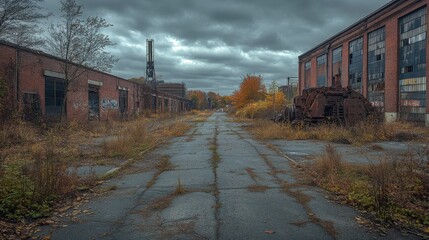Obraz premium An overgrown, abandoned industrial area under a cloudy sky, showcasing decaying buildings and nature reclaiming the space.