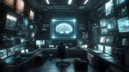 Futuristic brain scan room, solitary worker, technological monitoring