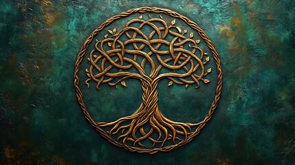 Gold mystical Celtic Tree of Life, against a deep emerald green background. Symbol of growth, luck, and Irish heritage, banner, poster, wallpaper