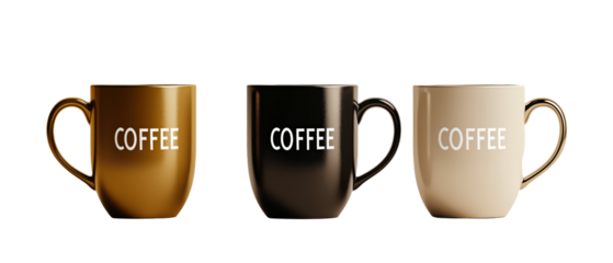 Triple Coffee Bliss: Three stylish ceramic mugs in a row, each embossed with the word "COFFEE," promising a perfect start to the day.