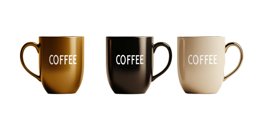 Triple Coffee Bliss: Three stylish ceramic mugs in a row, each embossed with the word "COFFEE," promising a perfect start to the day. - Powered by Adobe