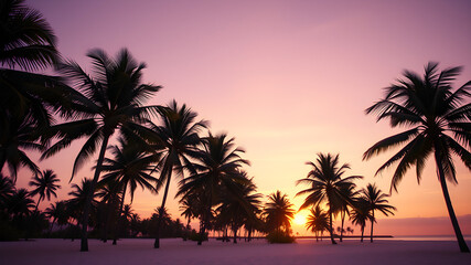 Obraz premium A tropical paradise at dawn: palm trees sway gently as the golden light touches the white sands. The sky blends soft purples and oranges, creating a dreamy, magical atmosphere.